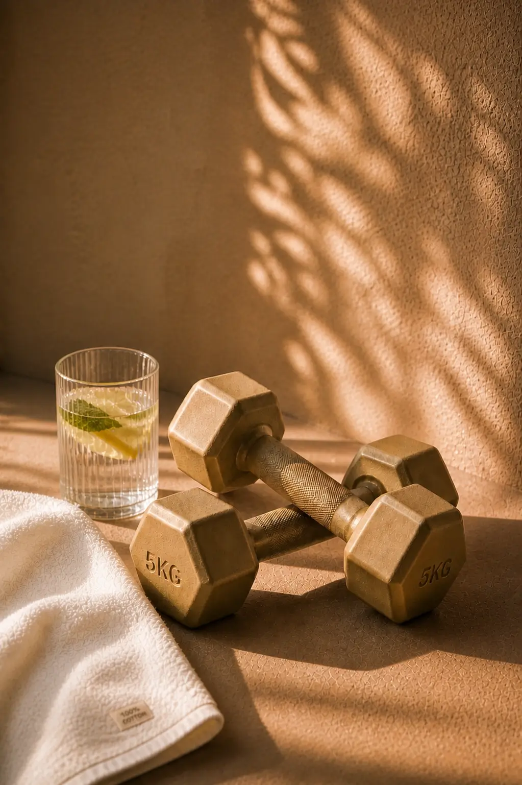 Hydration and movement — dumbbells and lemon water for a healthy lifestyle